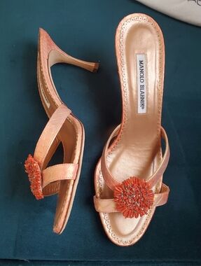 Manolo Blahnik Coral Slip-On Mules with Beaded Flower